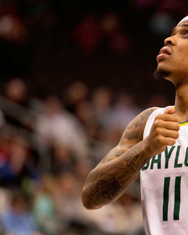 Baylor basketball player James Akinjo ahead of a Big 12 tournament game.